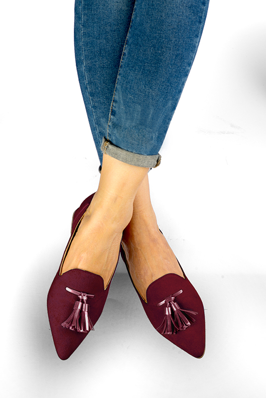 Mocassin femme rouge bordeaux Mocassin avec des pompons Bout